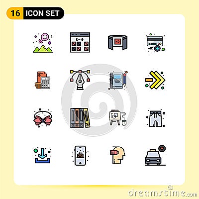 Set of 16 Vector Flat Color Filled Lines on Grid for plus, card, interface, add, screencinema Vector Illustration