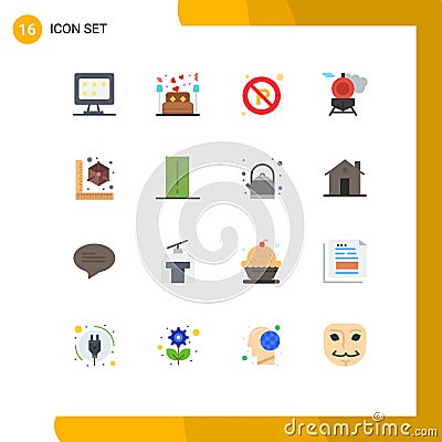 Set of 16 Vector Flat Colors on Grid for gadget, transport, night, train, sign Vector Illustration