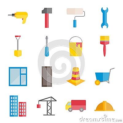 Set of vector flat construction and building icons Vector Illustration