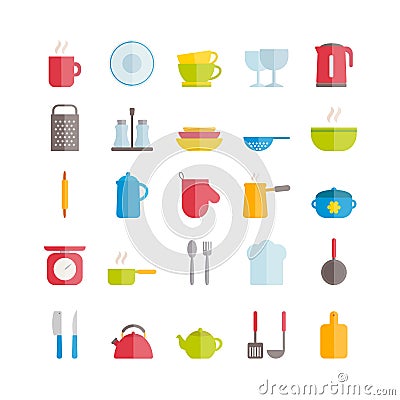 Set of vector flat crockery icons. Modern icons of kitchen utensils Vector Illustration