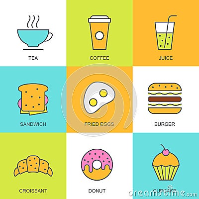 Set of vector flat food illustration. Breakfast multicolor icons Vector Illustration