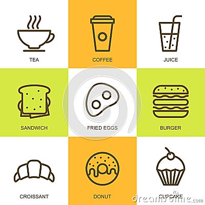 Set of vector flat food illustration. Breakfast multicolor icons Vector Illustration