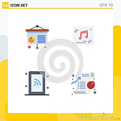Set of 4 Vector Flat Icons on Grid for chart, smartphone, chat, music, wifi Vector Illustration