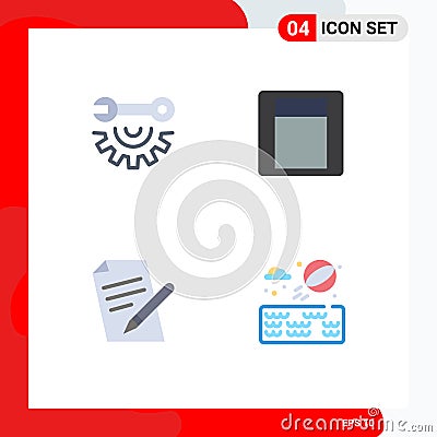 Set of 4 Vector Flat Icons on Grid for wrench wheel, pen, repair, toggle, beach ball Vector Illustration