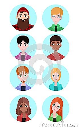 Set of vector flat icons of people of different sexes and races Vector Illustration