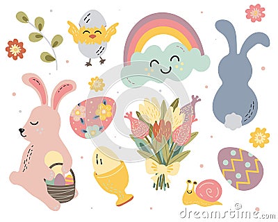 set of vector flat illustrations easter easter bunnies eggs flowers Vector Illustration