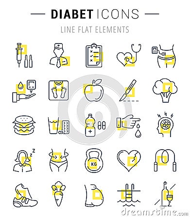 Set Vector Flat Line Icons Diabet Stock Photo