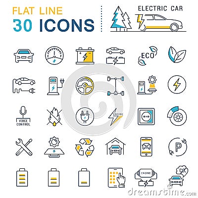 Set Vector Flat Line Icons Electric Cars Stock Photo