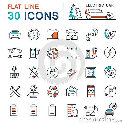 Set Vector Flat Line Icons Electric Cars Stock Photo