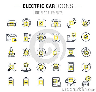 Set Vector Flat Line Icons Electric Cars Stock Photo