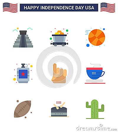 Set of 9 Vector Flats on 4th July USA Independence Day such as usa; foam hand; ball; liquid; flask Vector Illustration