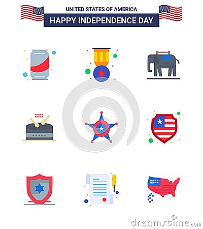 Set of 9 Vector Flats on 4th July USA Independence Day such as star; men; elephent; parade; instrument Vector Illustration