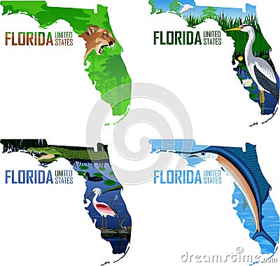 Set of vector Florida - American state map with swordfish Atlantic sailfish, great blue heron, puma cougar or mountains lion, alli Vector Illustration