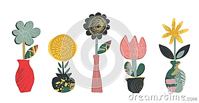 Set of vector flowers in pots with hand drawn texture. Trendy abstract design. Vector Illustration