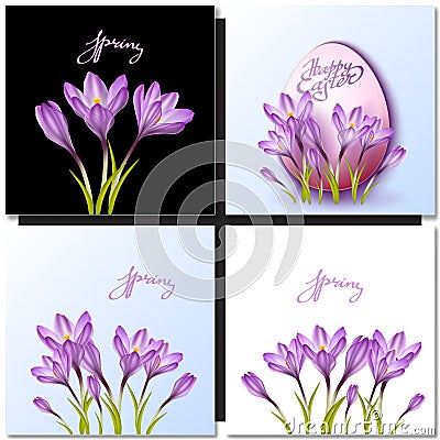 Set of vector flowers and spring lettering Vector Illustration