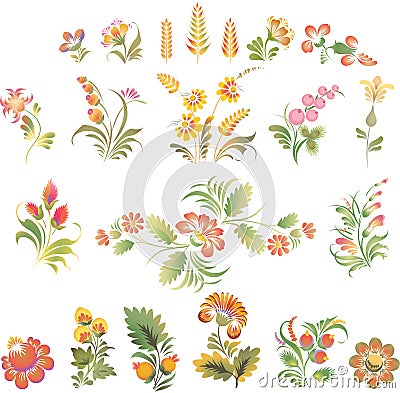 Set of vector flowers in Ukrainian folk style Vector Illustration