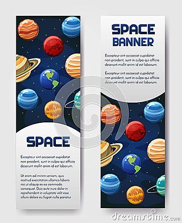 Set of 2 vector flyer,banner,brouchure with planets. Universe, galaxy, cosmic style label Stock Photo