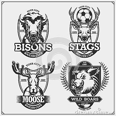 Set of vector football and soccer badges, labels and design elements. Sport club emblems with deer, bison, elk and wild boar. Prin Vector Illustration