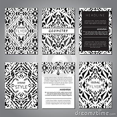 Set of vector geometric black and white brochure templates for business and invitation. Ethnic Vector Illustration