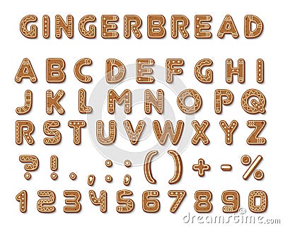 Set of vector gingerbread dark brown cookies tasty delicious shaped english alphabet font letters, icing-sugar covered Vector Illustration