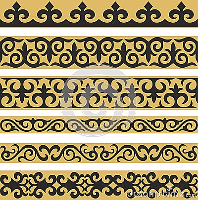 Set of vector gold and black seamless Kazakh national ornament. Vector Illustration