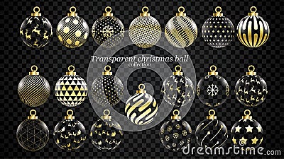 Set of vector gold and transparent christmas balls with ornaments. golden glass collection isolated realistic decorations. Vector Vector Illustration