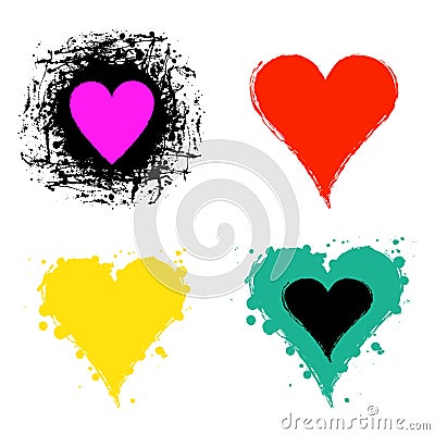 Set of vector graphic grunge illustrations of heart, sign with ink blot, brush strokes, drops isolated on the white background. Se Vector Illustration