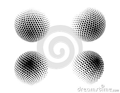 Set of vector halftone spheres. Dotted circles with black and white gradient. Pattern design element Vector Illustration