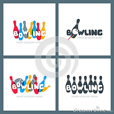 Set of vector hand drawn bowling logo, icons and emblems. Vector Illustration