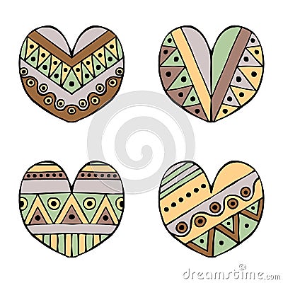 Set of vector hand drawn decorative stylized childish hearts. Doodle style, tribal graphic illustration. Ornamental cute hand draw Vector Illustration