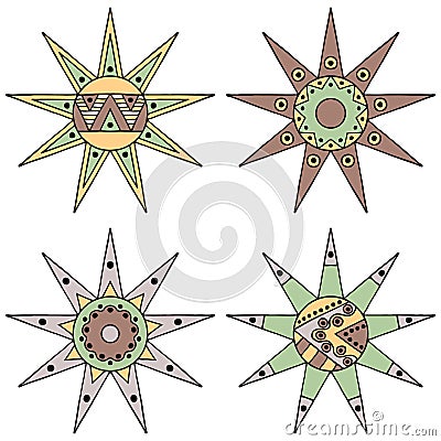 Set of vector hand drawn decorative stylized vintage brown childish tribal sun with lights. Doodle style, tribal graphic illustrat Vector Illustration