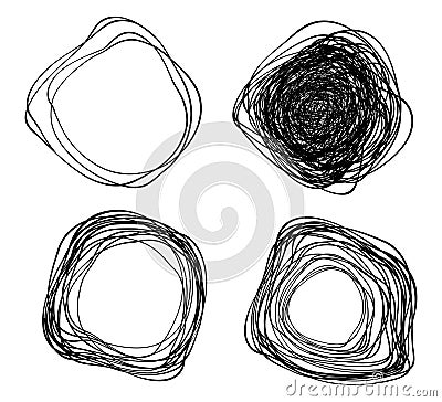 Set of vector hand drawn distorted circles using sketch drawing scribble distort circle lines. Doodle circular logo Vector Illustration