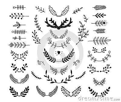 Set of vector hand drawn laurels, wreath, branches Vector Illustration