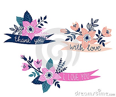 Set of Vector hand drawn ribbons with flowers and stylish phrases - 'thank you, with love, i love you'. Vector Illustration