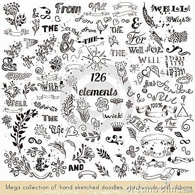 Set of vector hand sketched doodles, catchwords and ribbons Stock Photo