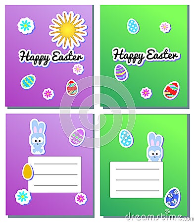 Set Vector Happy Easter Card Templates with stickers eggs, bunnies, flowers, sun. Illustration for spring greeting cards and Vector Illustration