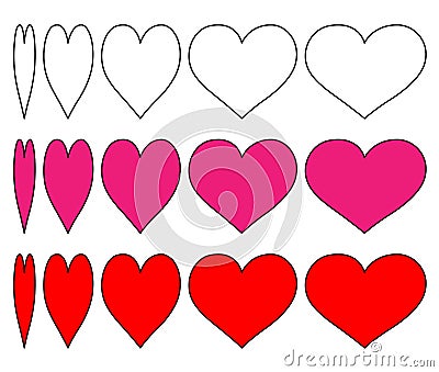 `Set of vector heart icons with a change of outline heart and pink and red hearts surrounded by black.Design the love symbol with Stock Photo