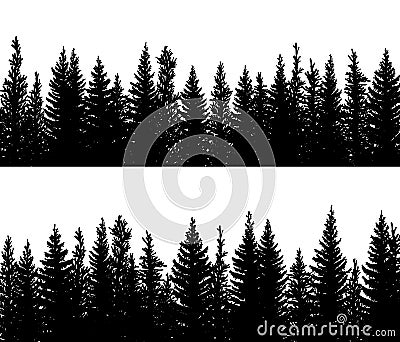 Horizontal banner silhouettes of spruce coniferous forest. Vector Illustration