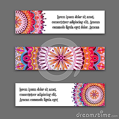 Set vector horizontal banners with colorful mandala. The national collection of headers for the site. Islam, Arabic Vector Illustration