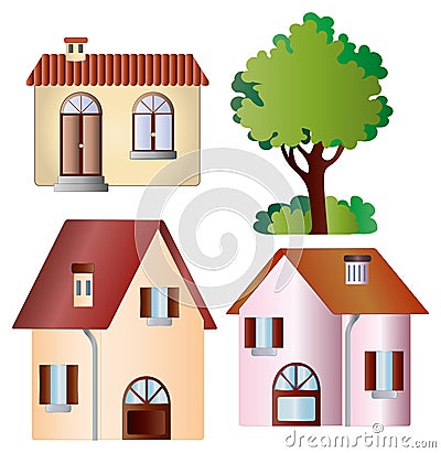 Set of vector houses and tree Vector Illustration