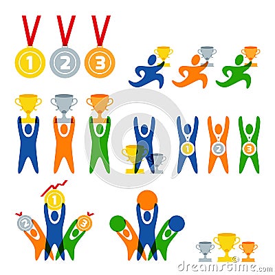 Set of vector human sport logo, labels, badges, emblems. People and sports competitions icons. Winner with awards. Vector Illustration