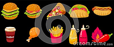 Set of Vector icon illustration of fast food Vector Illustration