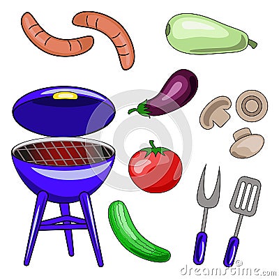 Set of vector icons of barbecue. Illustrations of the grill, sausage, vegetables. Flat design. Vector Illustration