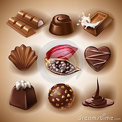 Set of vector icons of chocolate desserts and candies, liquid chocolate and cocoa beans Vector Illustration