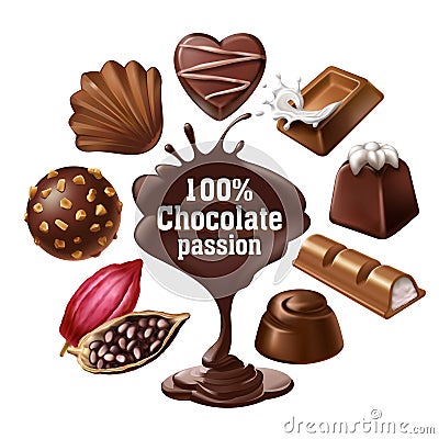 Set of vector icons of chocolate desserts and candies, liquid chocolate and cocoa beans Vector Illustration