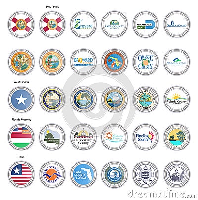 Set of vector icons. Flags and seals of Florida state, USA. Vector Illustration