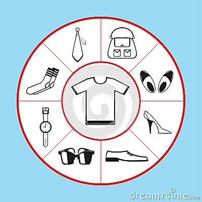 A set of vector icons in the form of a pie chart on the theme of clothing, shoes and accessories. Vector illustration. Vector Illustration