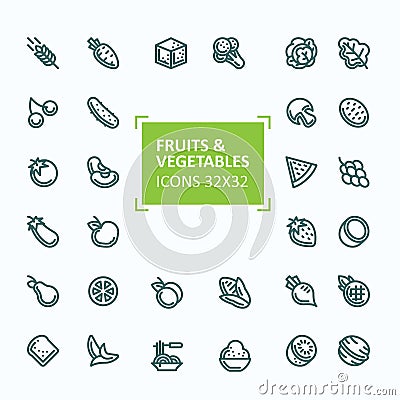 Set of vector icons of fruits and vegetables in the style of a thin line, editable stroke Vector Illustration