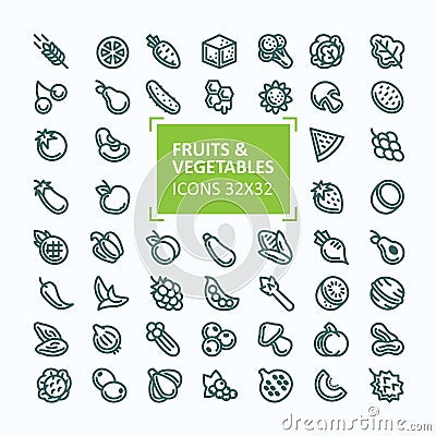 Set of vector icons of fruits and vegetables in the style of a thin line, editable stroke Vector Illustration