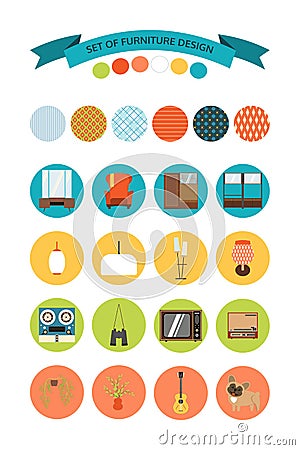 Set of vector icons of furniture and accessories in the style of 70's. Set of icons of the seventies. Vector Illustration